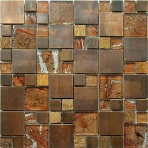 A copper and glass wall tile used mainly in kitchens and bathrooms in a splashback. This is a metal and glass tile.