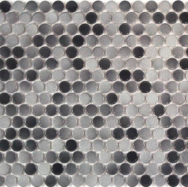 This round porcelain mosaic penny tile is in gloss grey colour. A perfect tile to use as a kitchen or bathroom splashback.