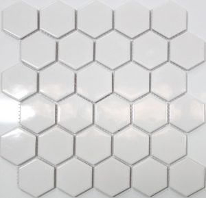 A gloss white mosaic porcelain tile perfect for use as a kitchen or bathroom splashback.