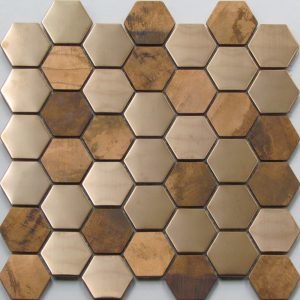 Hexagonal copper mosaic wall tile. Perfect for the use as a kitchen and bathroom splashback.