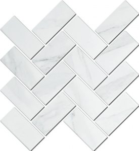 A beautiful white coloured mosaic herringbone tile used as a wall tile in kitchens and bathrooms.