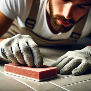 Close-up of someone sanding the tile surface with sandpaper.