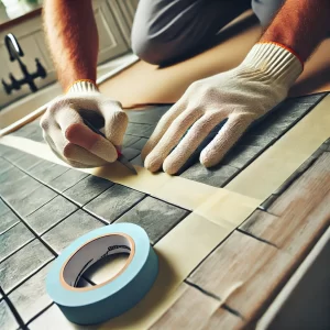 A person carefully applying painter’s tape along the tile edges.