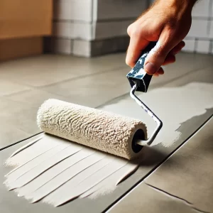 A roller applying primer to tile surfaces.