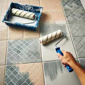 A person using a roller to paint tiles, with some tiles partially painted.