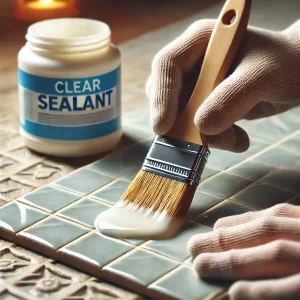 A close-up of a brush applying clear sealant to a painted tile.