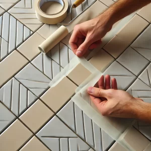 A person peeling away painter’s tape from the edges of the painted tiles.