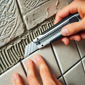 A close-up of a utility knife scoring grout lines around a tile.