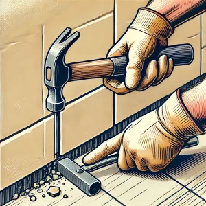 A chisel positioned at the base of a wall tile, with a hammer tapping lightly.