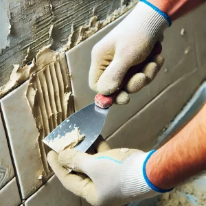 A putty knife scraping adhesive from the wall.