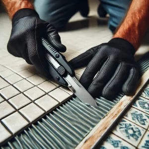 A person using a utility knife to cut along the edges of the silicone on tiles.