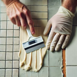 A person peeling off a strip of silicone using a plastic scraper.