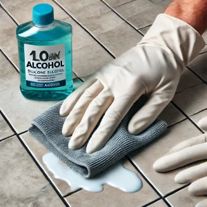 A cloth with rubbing alcohol wiping down tile to remove silicone residue.