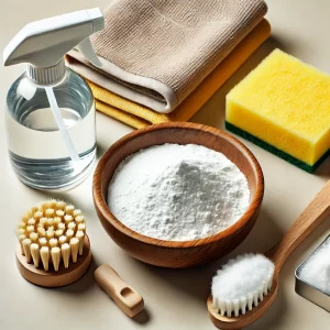 A small bowl of baking soda paste with a spray bottle of vinegar and cleaning tools nearby.