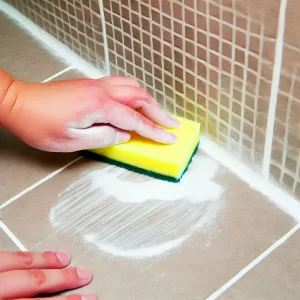 A person applying baking soda paste to bathroom tiles, focusing on grout lines.