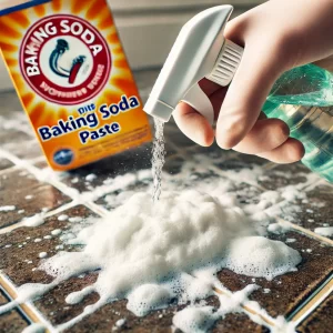 A close-up of vinegar being sprayed on baking soda paste on bathroom tiles, showing the fizzing reaction.