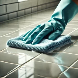 A close-up of a person drying bathroom tiles with a microfiber cloth, leaving them polished.