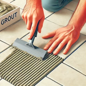 A person applying grout with a grout float, pressing it into the tile joints.