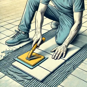 A person using a grout float to remove excess grout from tiles.