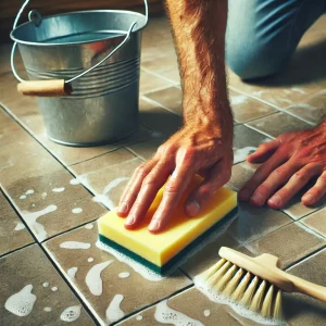 A person gently wiping tiles with a damp sponge, removing grout residue.