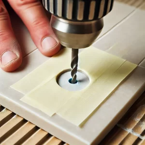 A close-up of a tile with a marked spot covered by masking tape.