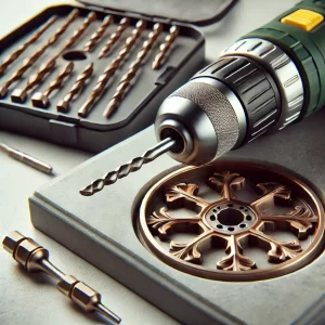 A carbide or diamond-tipped drill bit next to a drill, ready for tile drilling.