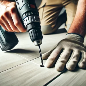 A person holding a drill at a slight angle to start drilling a hole in a tile.