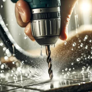 A close-up of water being sprayed on the drill bit to cool it down while drilling a tile