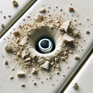 A clean hole in a tile, with debris cleared and the tile surface undamaged.