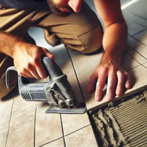 A person using a grout saw on a grout line, carefully removing grout without damaging the tiles.