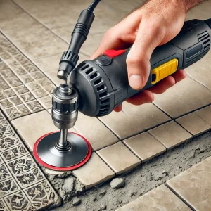 A rotary tool with a grout removal attachment, positioned on a grout line for controlled removal.