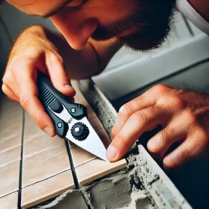 A person using a utility knife to remove residual grout in tight spaces.