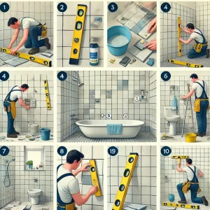 Step by step diagram on how to tile a bathroom.